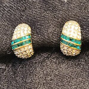 Vintage Butler Gold Plated Emerald Green & Clear Crystal Clip on Earrings 5th Av